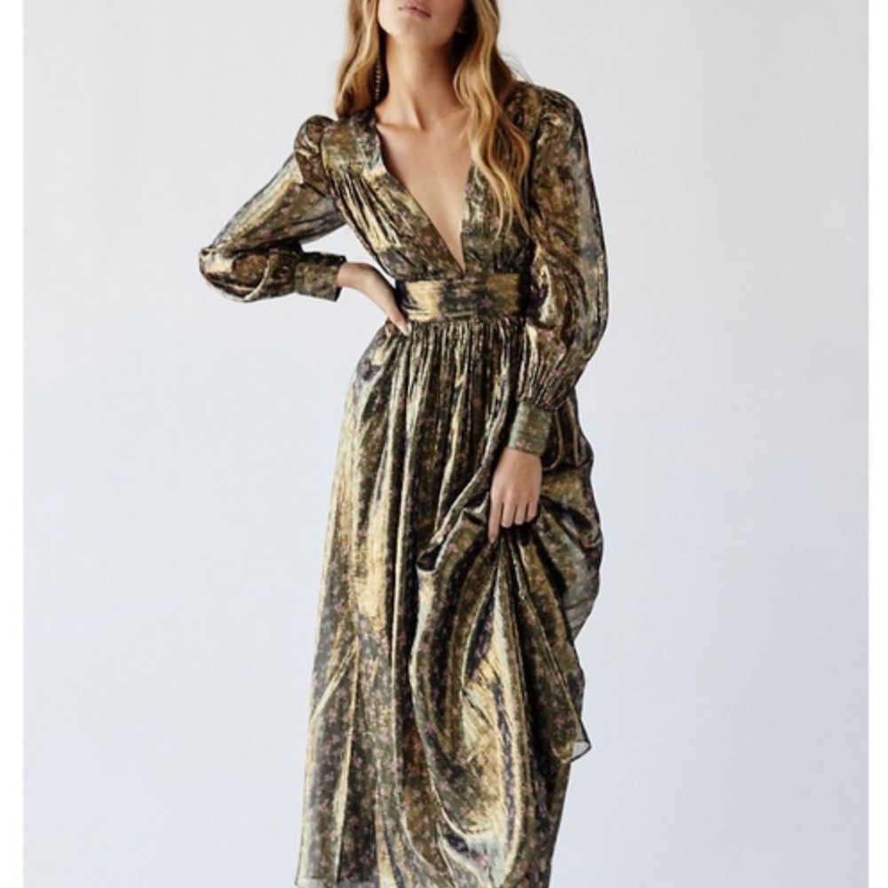 LoveShackFancy Metallic Gold and Black Long Sleeve Maxi Dress - Picture 5 of 12